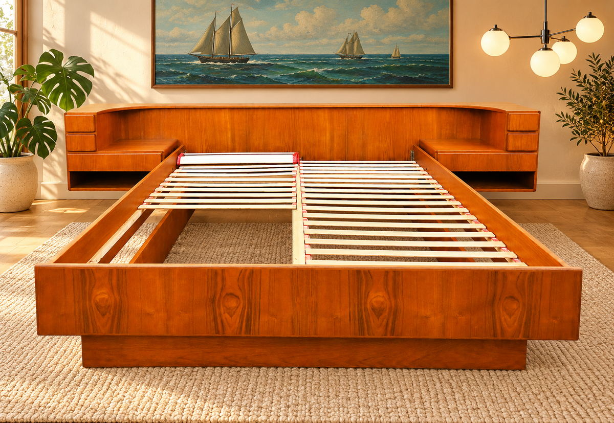 REFINISHED Danish MCM Floating Teak Bed  Queen size & Dresser by Komfort