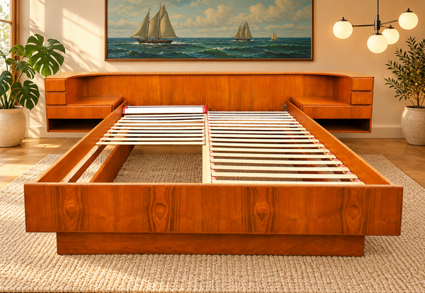 REFINISHED Danish MCM Floating Teak Bed  Queen size & Dresser by Komfort