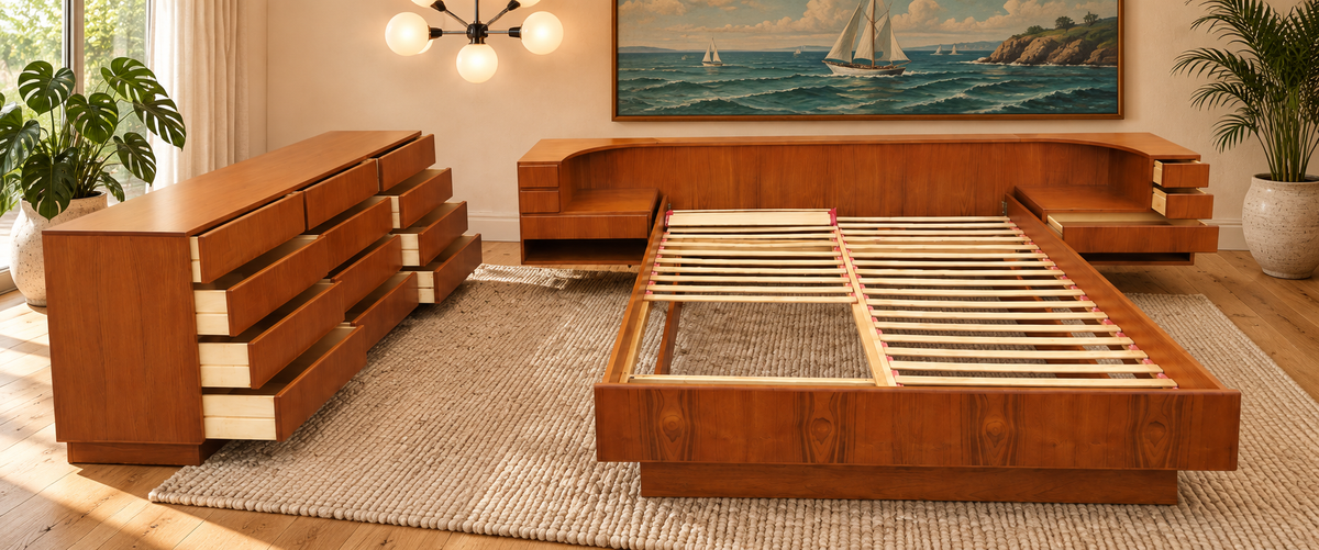 REFINISHED Danish MCM Floating Teak Bed  Queen size & Dresser by Komfort