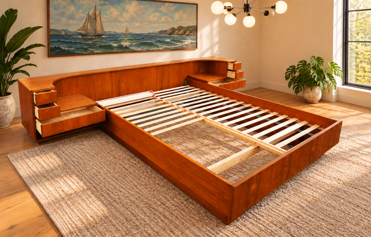 REFINISHED Danish MCM Floating Teak Bed  Queen size & Dresser by Komfort