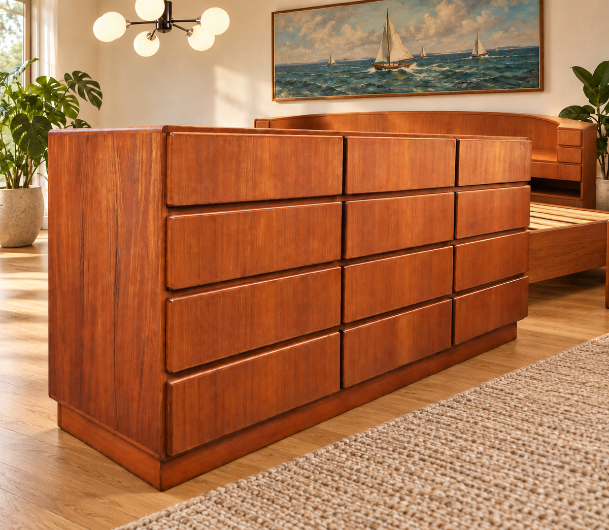 REFINISHED Danish MCM Floating Teak Bed  Queen size & Dresser by Komfort