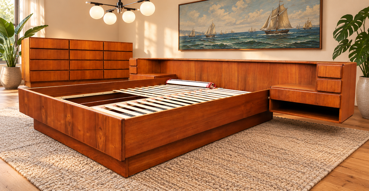 REFINISHED Danish MCM Floating Teak Bed  Queen size & Dresser by Komfort