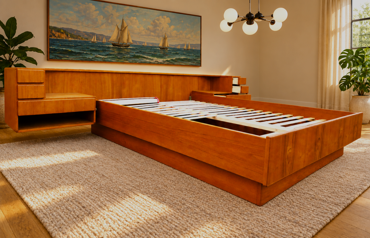 REFINISHED Danish MCM Floating Teak Bed  Queen size & Dresser by Komfort