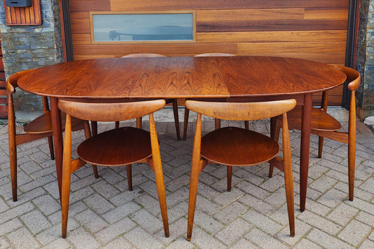 RESTORED Mid Century Modern teak "Heart" set of expansion table & 6 chairs by Hans J Wegner