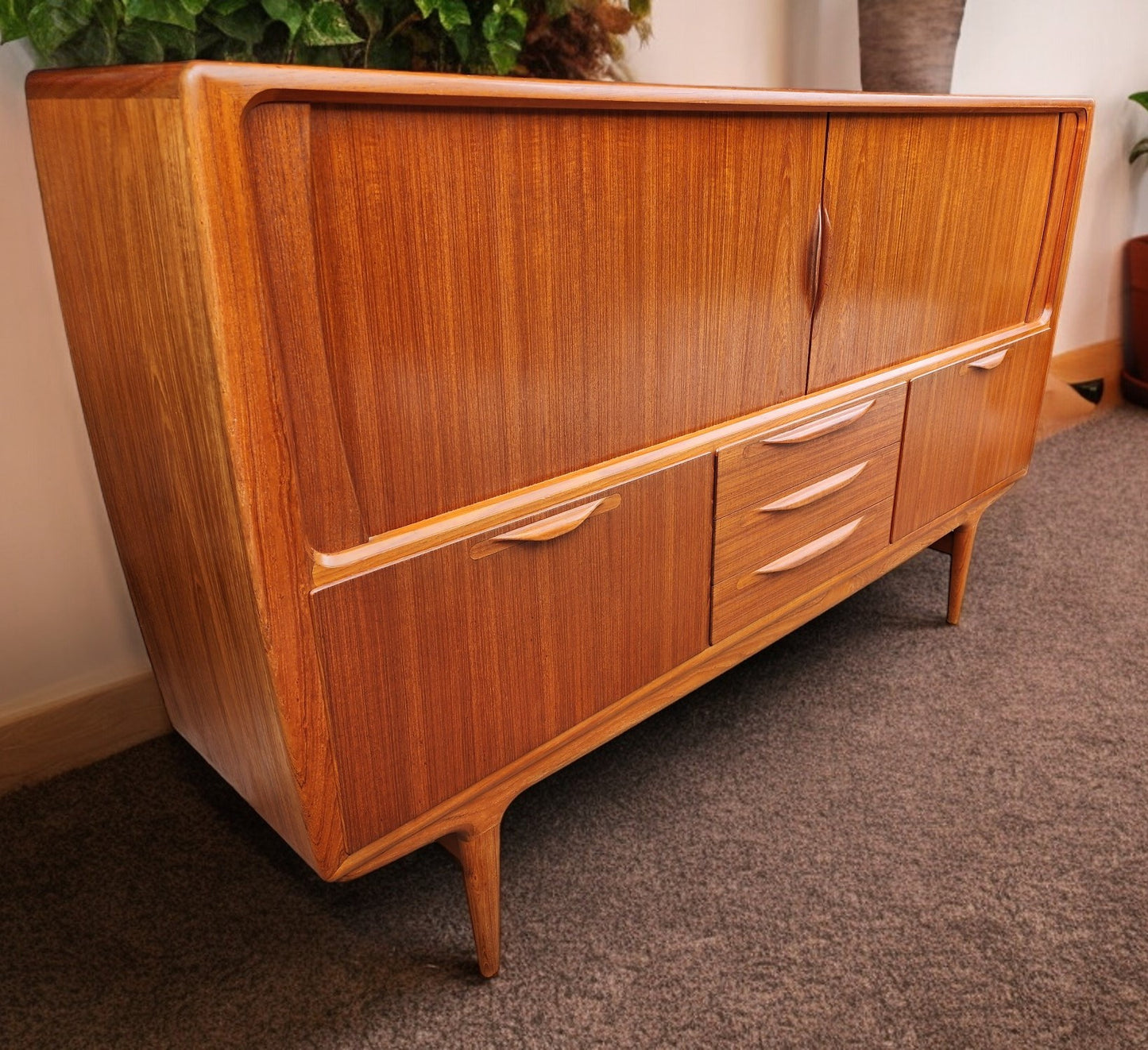 Danish Mid Century Modern Teak Tambour Highboard by Johannes Andersen, model U-18, 78.5"