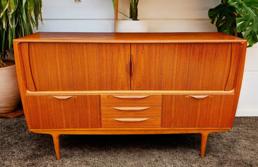 Danish Mid Century Modern Teak Tambour Highboard by Johannes Andersen, model U-18, 78.5"