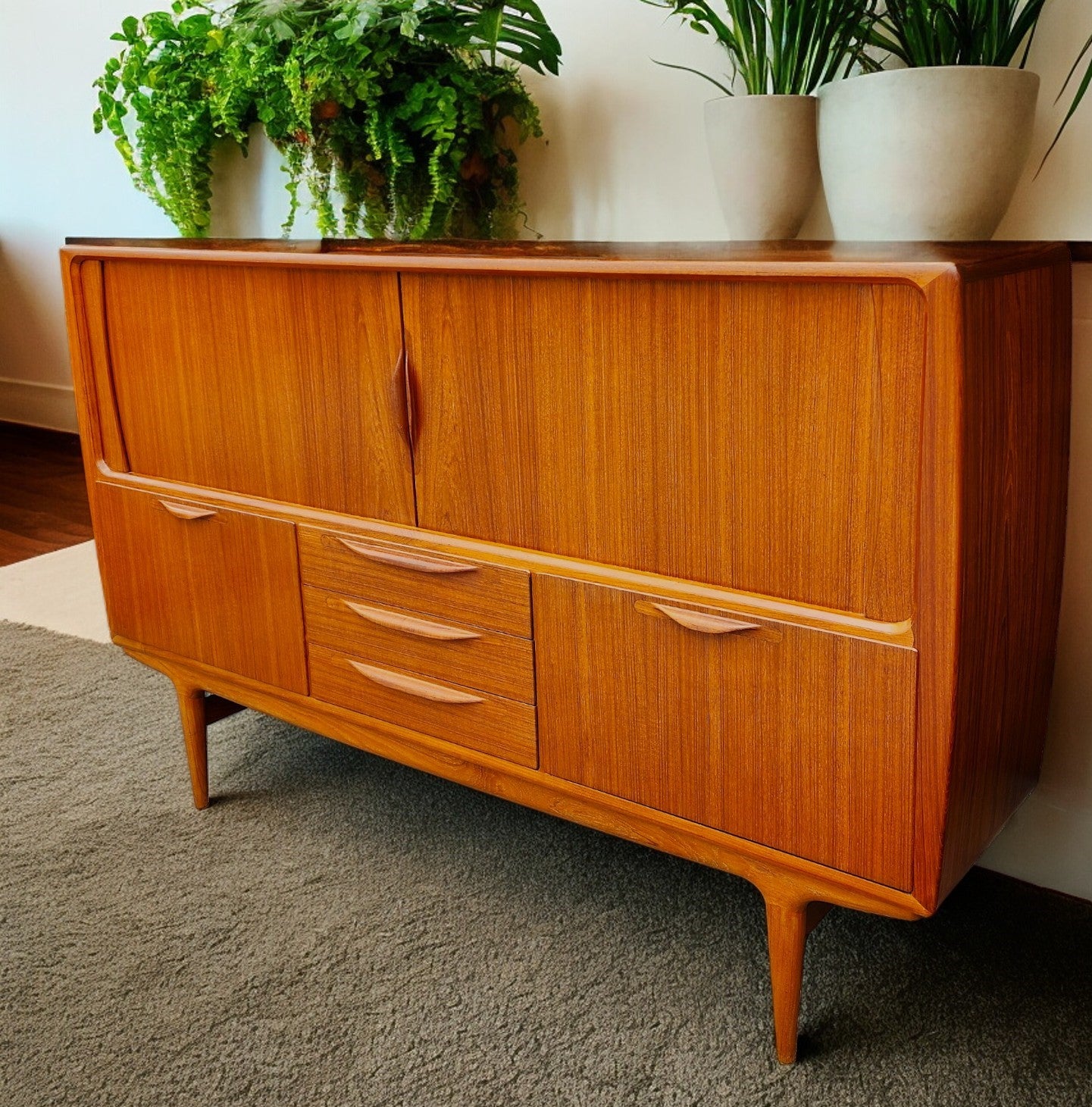 Danish Mid Century Modern Teak Tambour Highboard by Johannes Andersen, model U-18, 78.5"