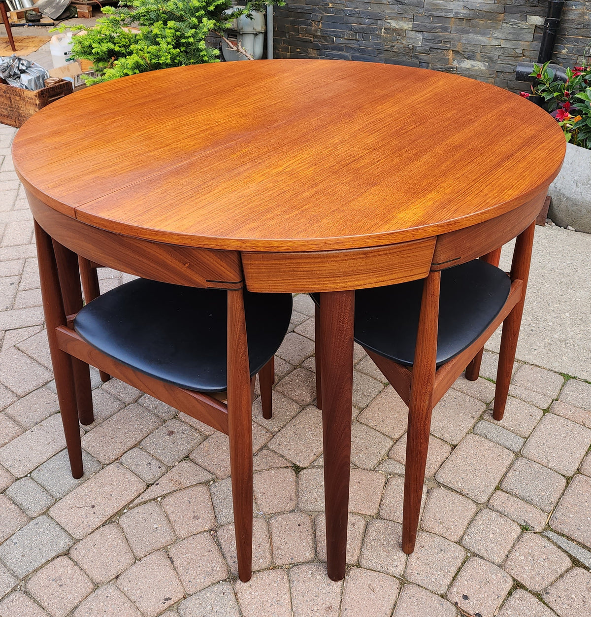 REFINISHED Danish MCM ROUNDETTE Teak Extension Table & 4 Chairs by Hans Olsen