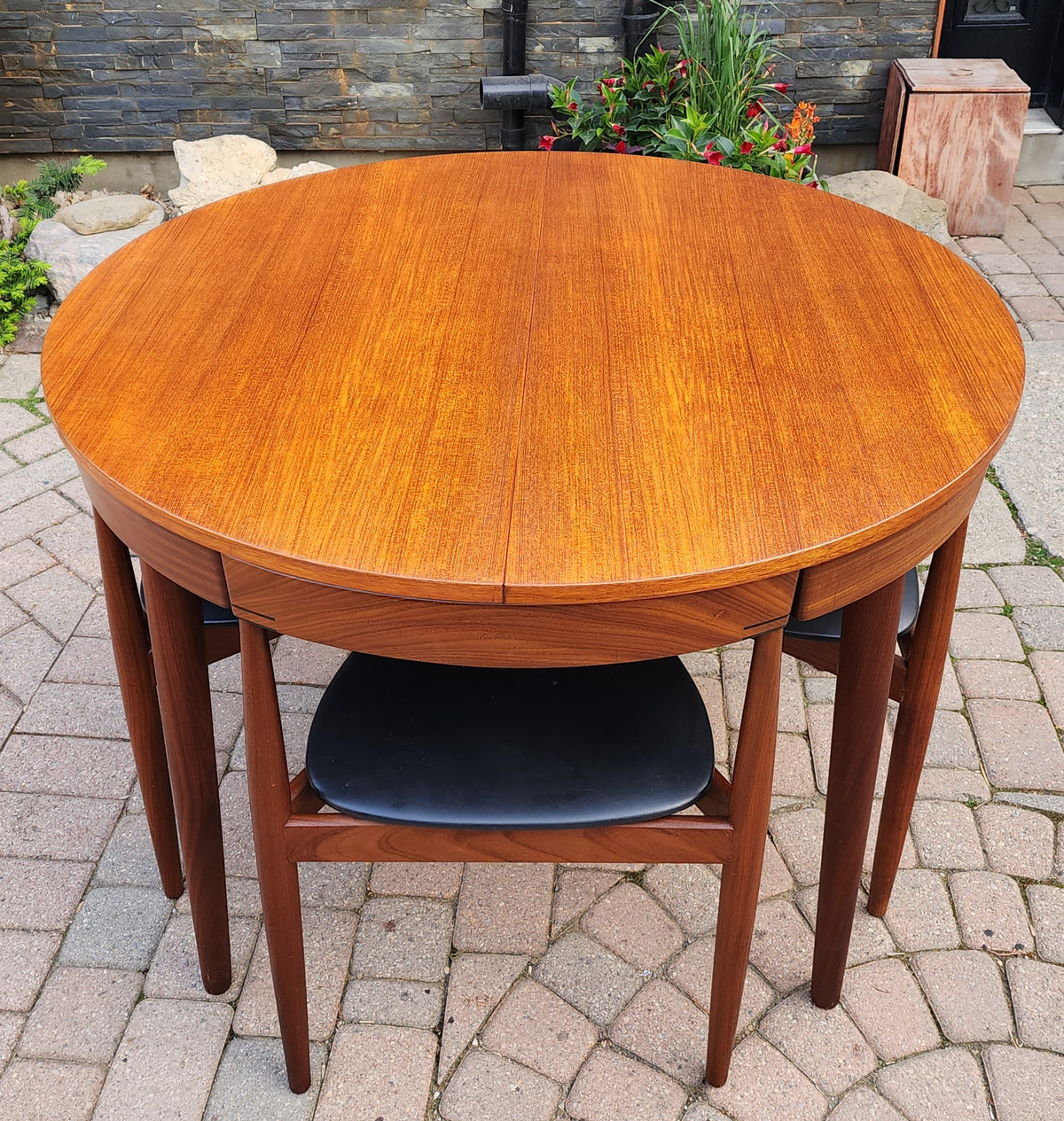 REFINISHED Danish MCM ROUNDETTE Teak Extension Table & 4 Chairs by Hans Olsen