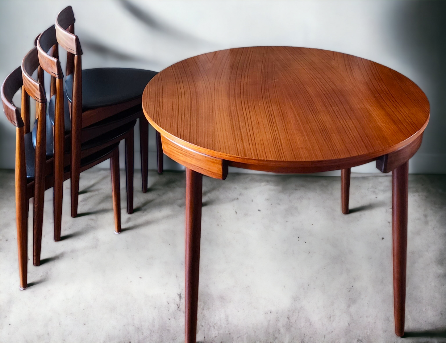 On Hold***REFINISHED Danish MCM ROUNDETTE Teak Dining Table & 4 Chairs by Hans Olsen