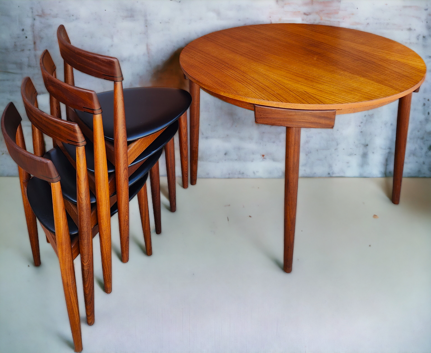 On Hold***REFINISHED Danish MCM ROUNDETTE Teak Dining Table & 4 Chairs by Hans Olsen