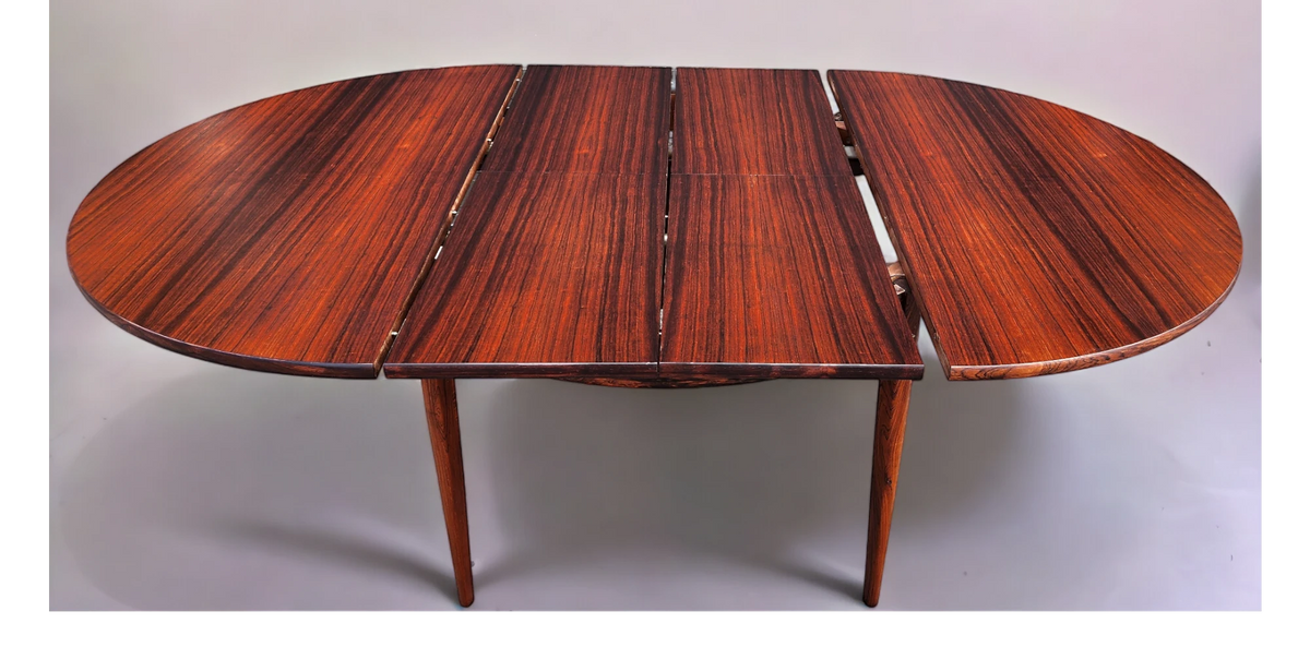 REFINISHED Danish MCM Rio Rosewood Table Round to Oval by Niels Moller 50