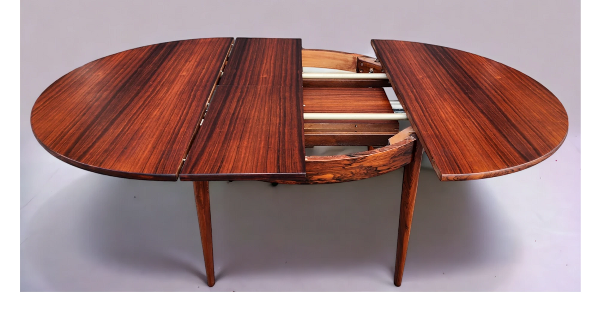REFINISHED Danish MCM Rio Rosewood Table Round to Oval by Niels Moller 50