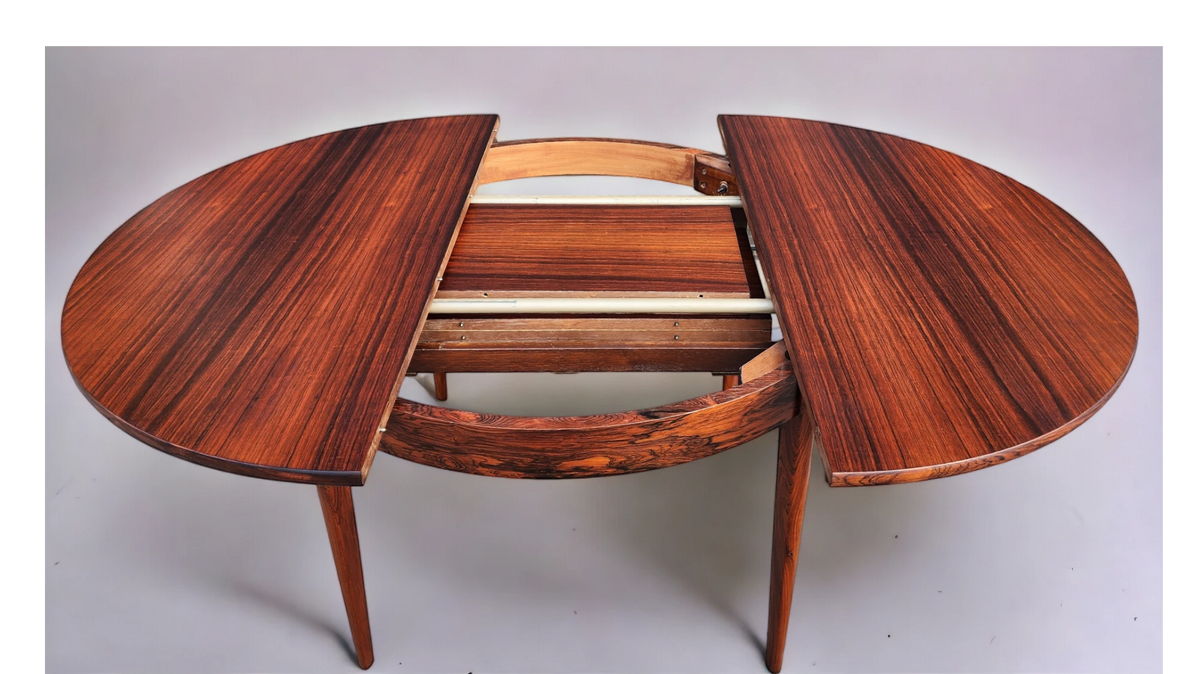 REFINISHED Danish MCM Rio Rosewood Table Round to Oval by Niels Moller 50