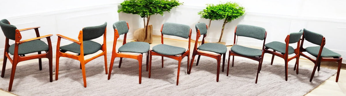 8 REUPHOLSTERED in wool Danish MCM Rosewood Chairs by Erik Buch, model 49, 50