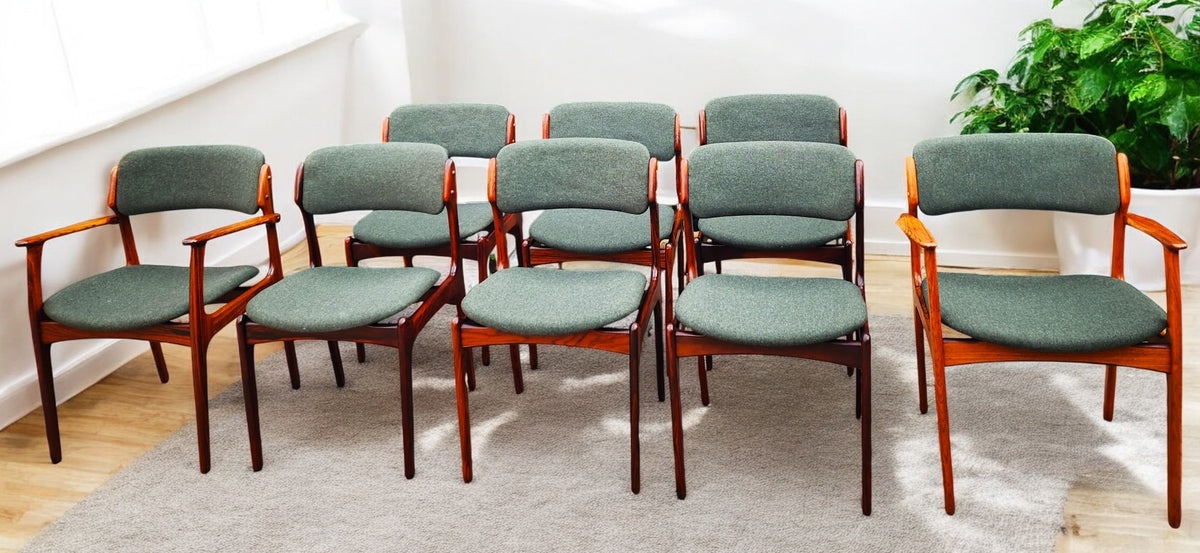 8 REUPHOLSTERED in wool Danish MCM Rosewood Chairs by Erik Buch, model 49, 50