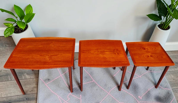 REFINISHED Danish Mid Century Modern 3 Teak Nesting Tables by Mobelintarsia