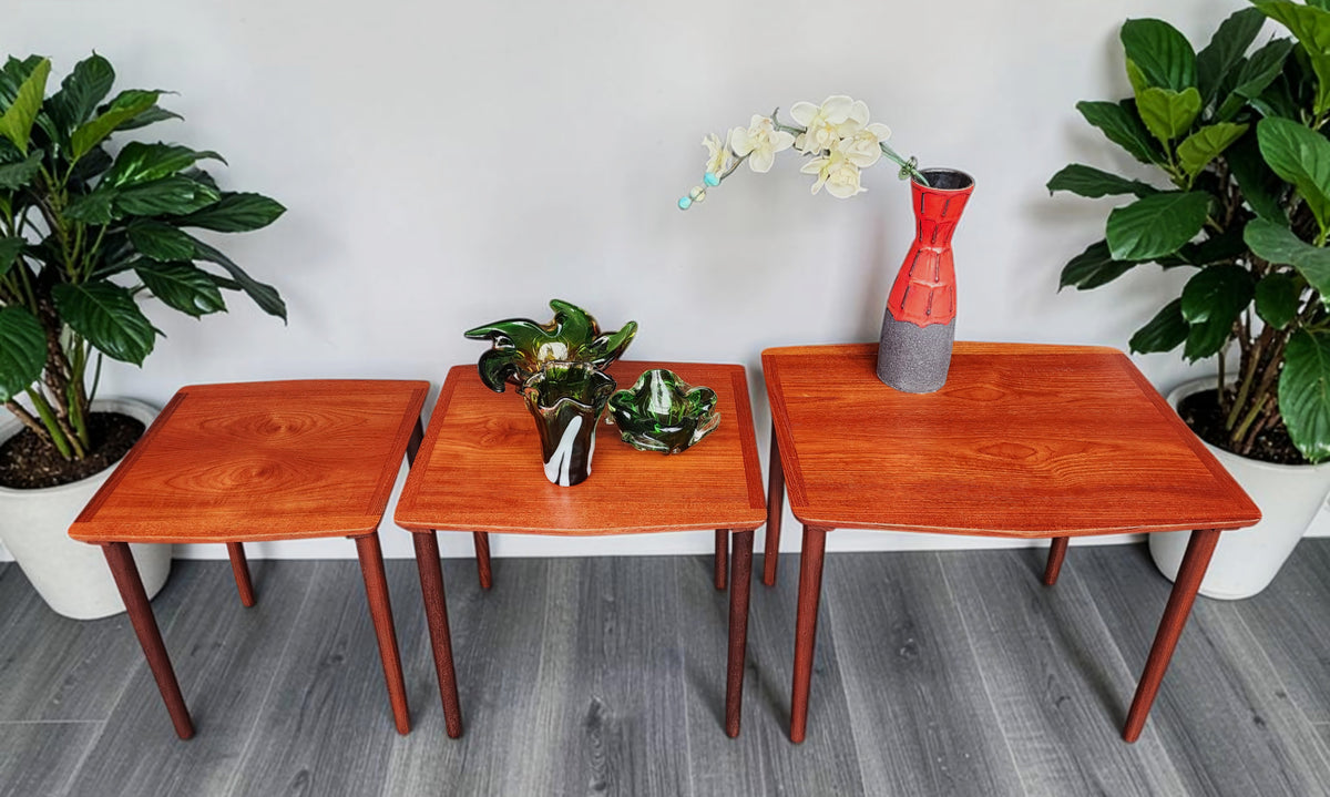 REFINISHED Danish Mid Century Modern 3 Teak Nesting Tables by Mobelintarsia