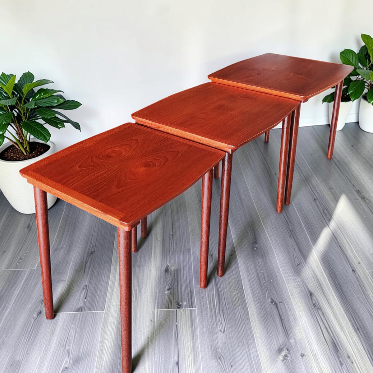 REFINISHED Danish Mid Century Modern 3 Teak Nesting Tables by Mobelintarsia