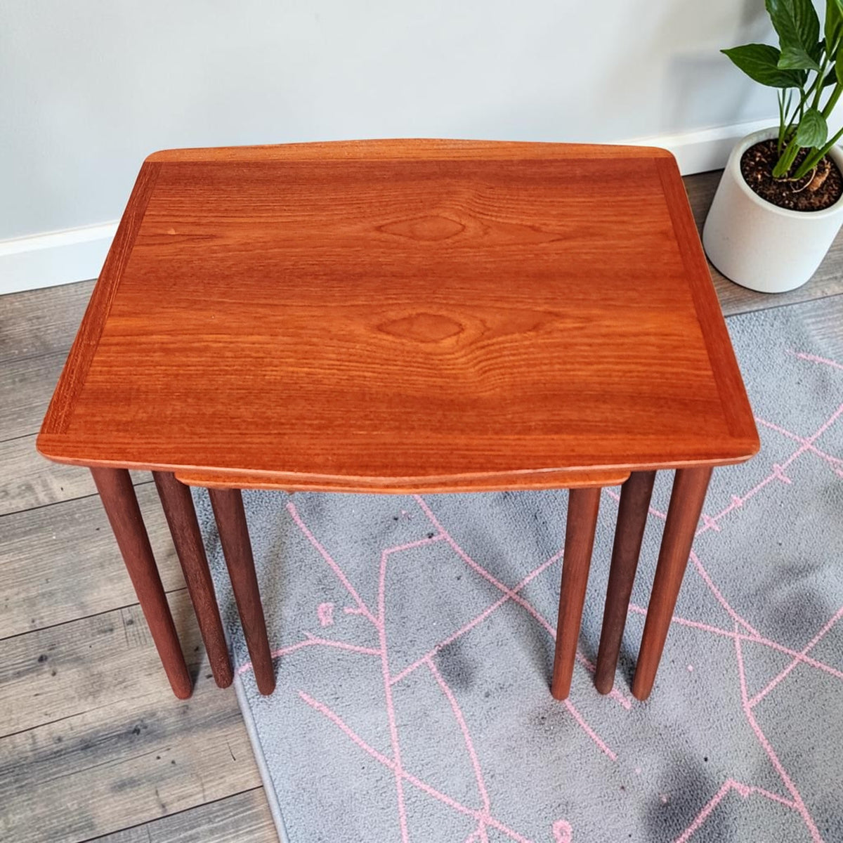 REFINISHED Danish Mid Century Modern 3 Teak Nesting Tables by Mobelintarsia