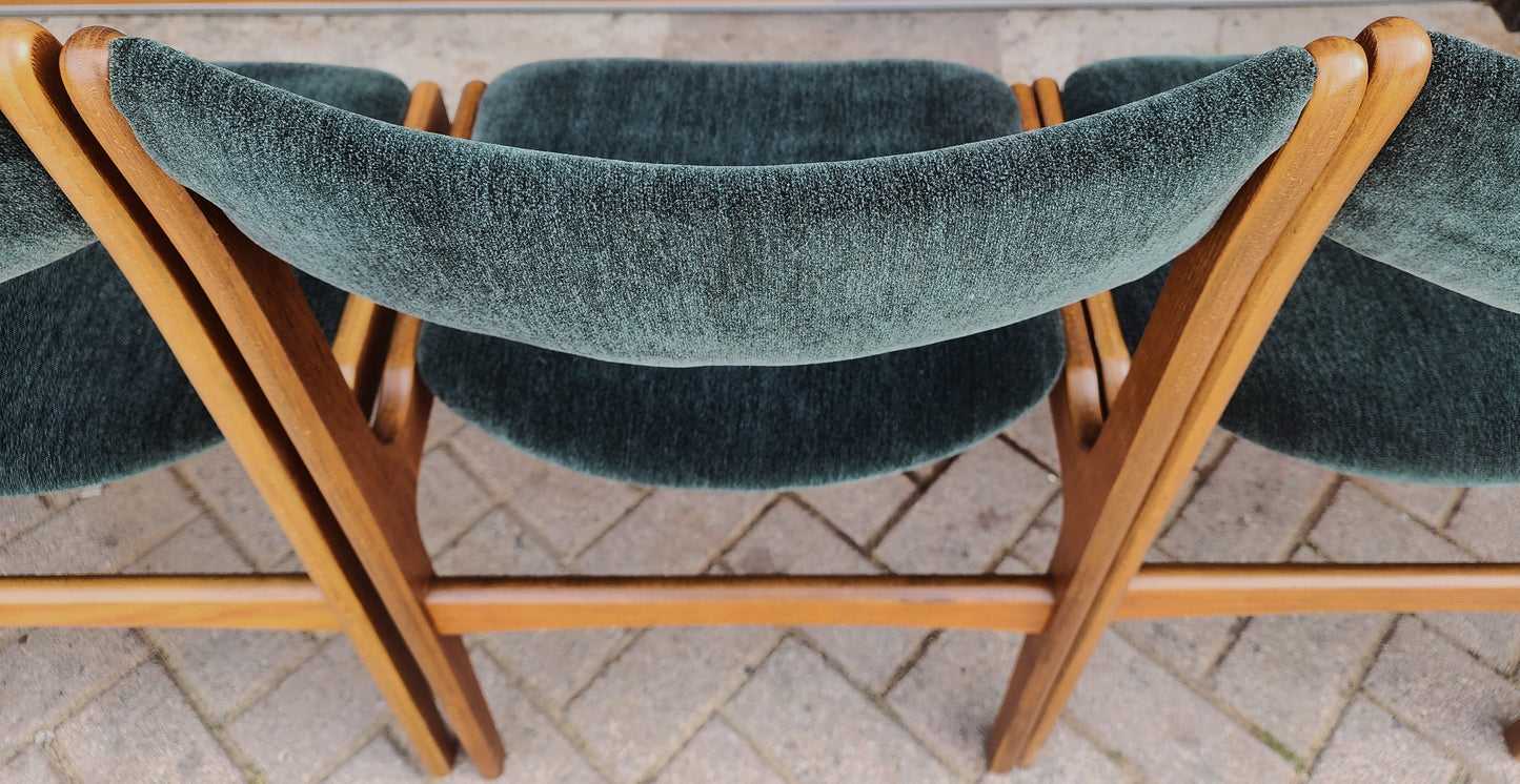 6 RESTORED REUPHOLSTERED in wool mohair Danish Mid Century Modern Teak Chairs by Erik Buch