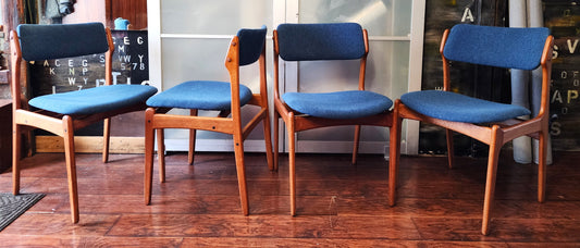 4 REFINISHED REUPHOLSTERED Danish Mid Century Modern Teak Chairs by Erik Buch