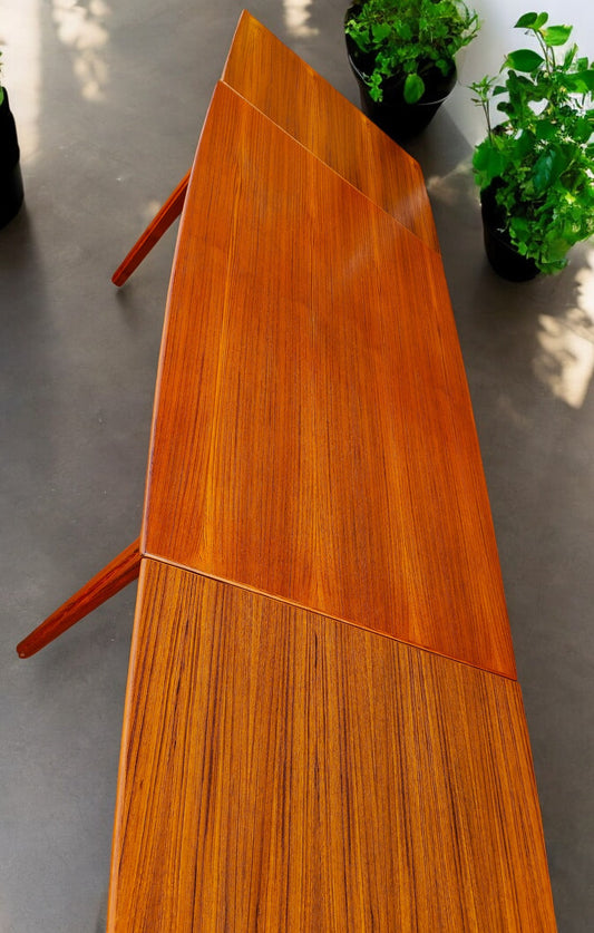 REFINISHED Danish MCM Teak Table Draw Leaf Surfboard Shape by DYRLUND 59"-102"