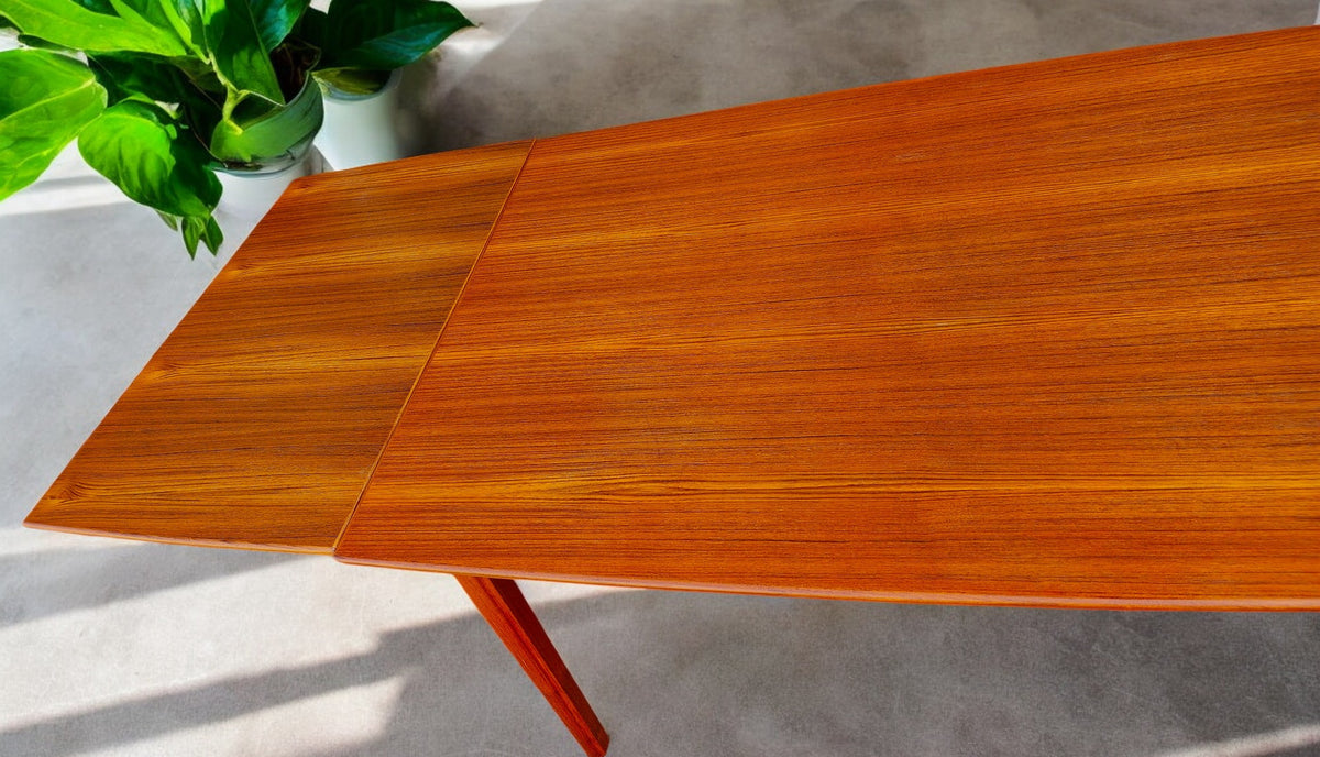 REFINISHED Danish MCM Teak Table Draw Leaf Surfboard Shape by DYRLUND 59