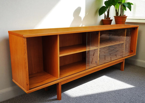 RESTORED Danish MCM Teak Console by Svend Aage Larsen 65"w finished back