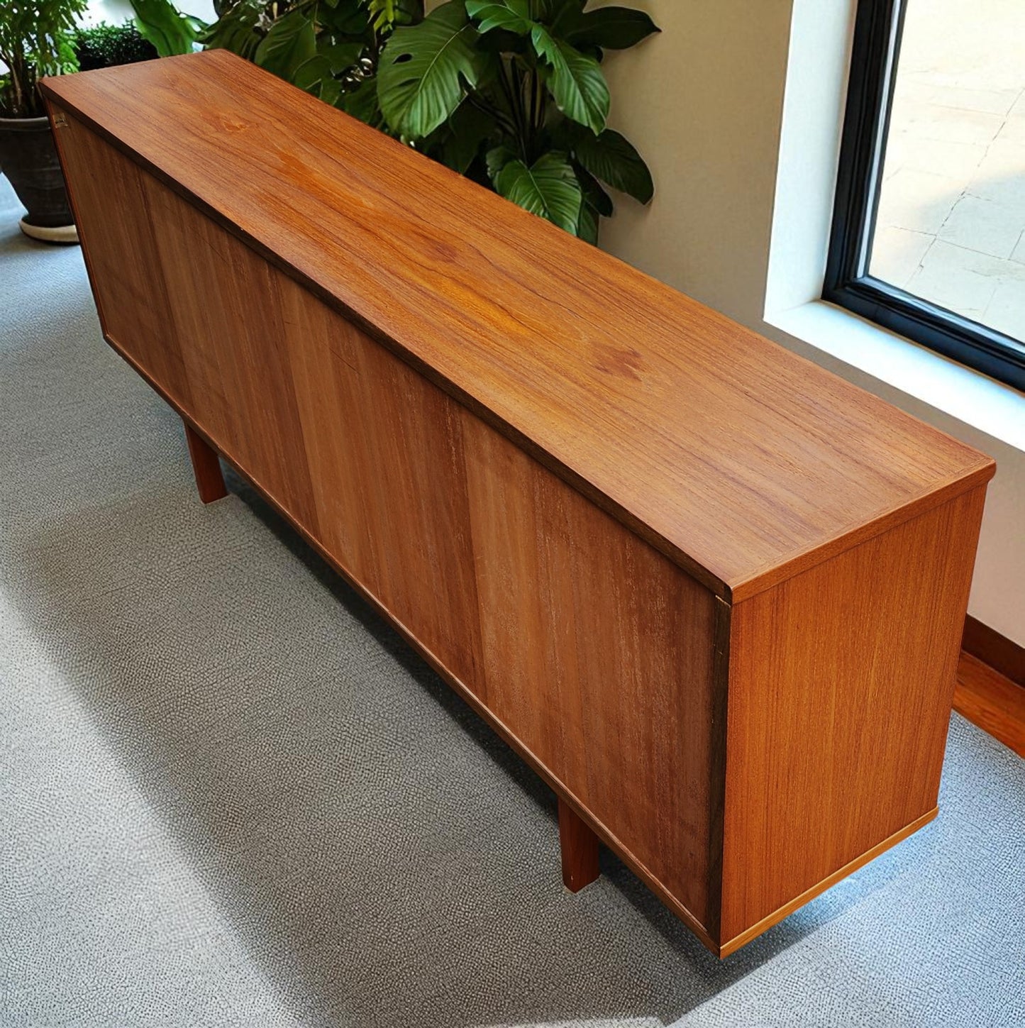 RESTORED Danish MCM Teak Console by Svend Aage Larsen 65"w finished back