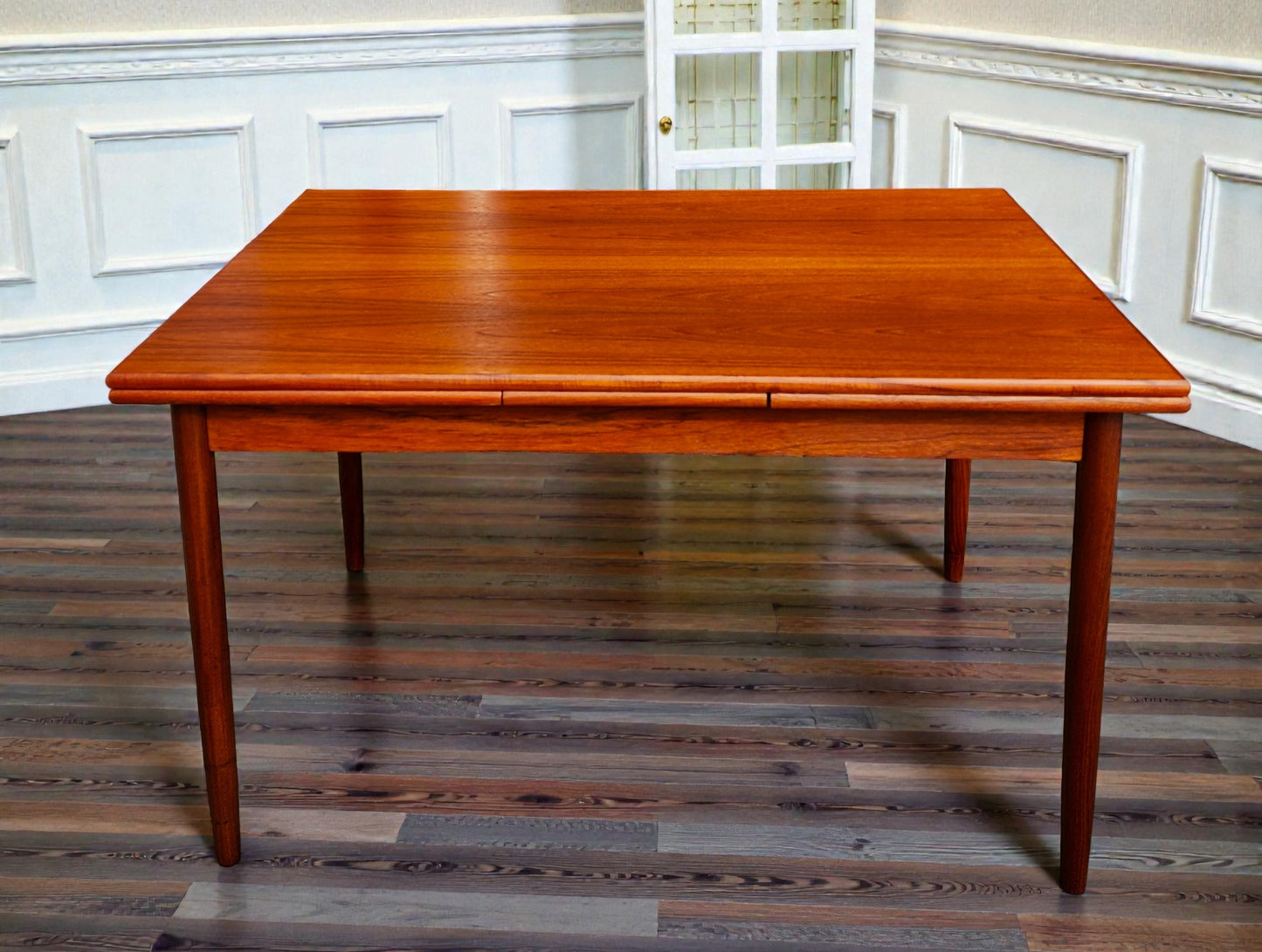 REFINISHED Danish Mid Century Modern Teak Draw Leaf Table 48"-84.5"