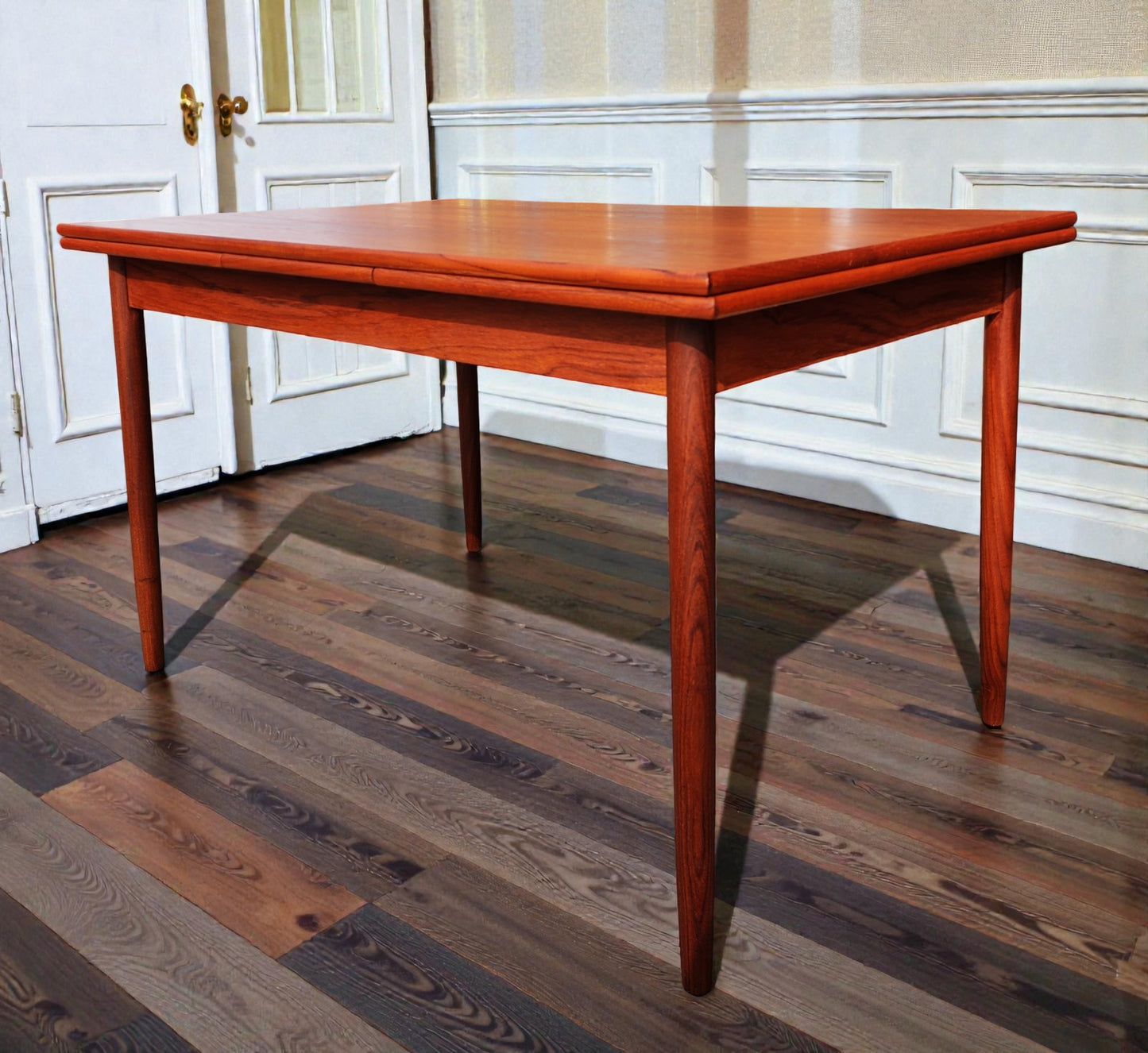 REFINISHED Danish Mid Century Modern Teak Draw Leaf Table 48"-84.5"