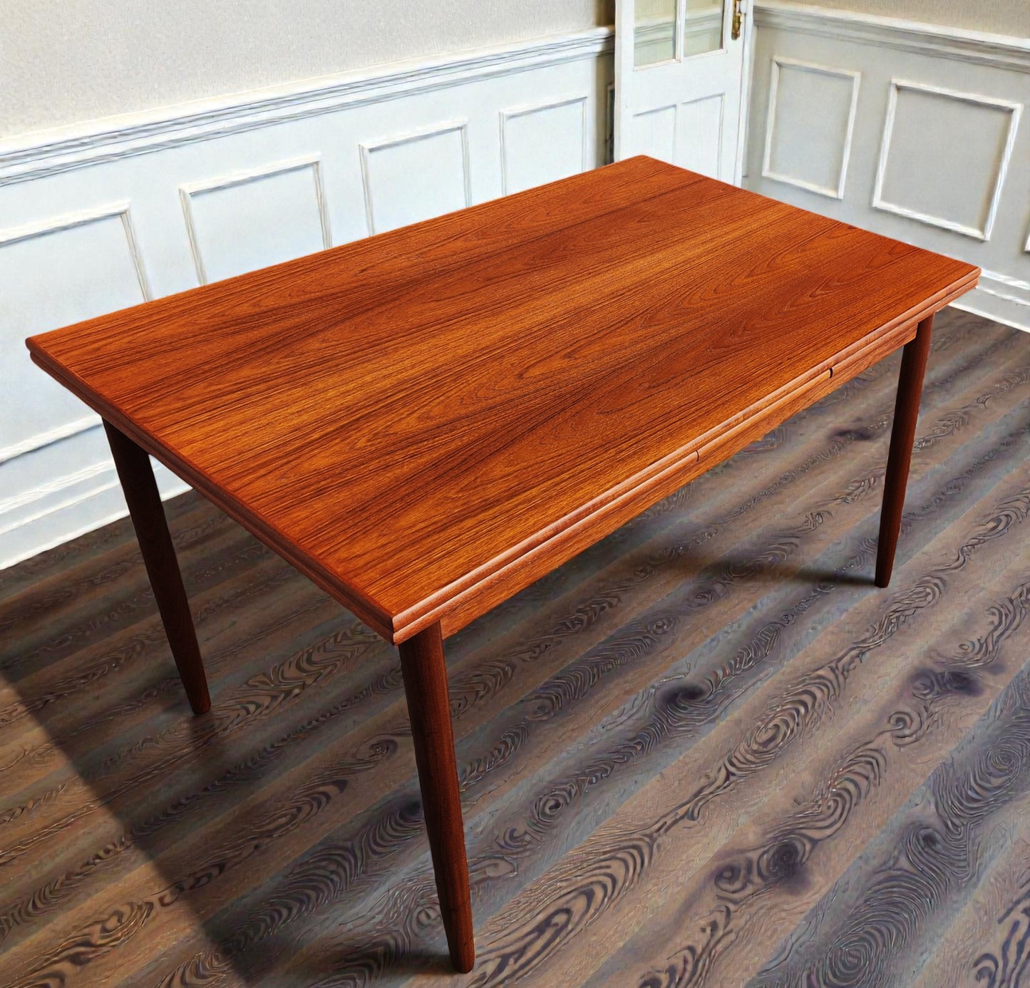 REFINISHED Danish Mid Century Modern Teak Draw Leaf Table 48"-84.5"