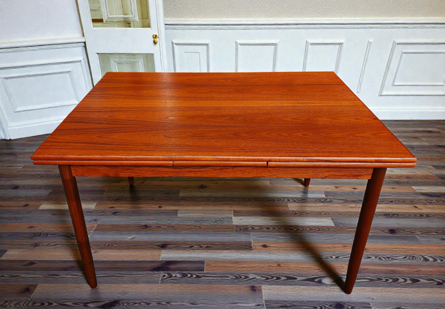 REFINISHED Danish Mid Century Modern Teak Draw Leaf Table 48"-84.5"