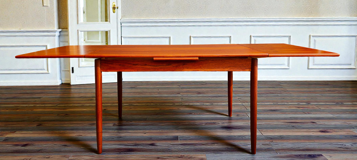 REFINISHED Danish Mid Century Modern Teak Draw Leaf Table 48