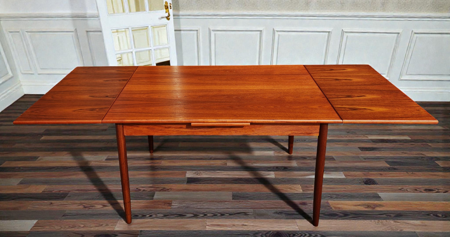 REFINISHED Danish Mid Century Modern Teak Draw Leaf Table 48"-84.5"