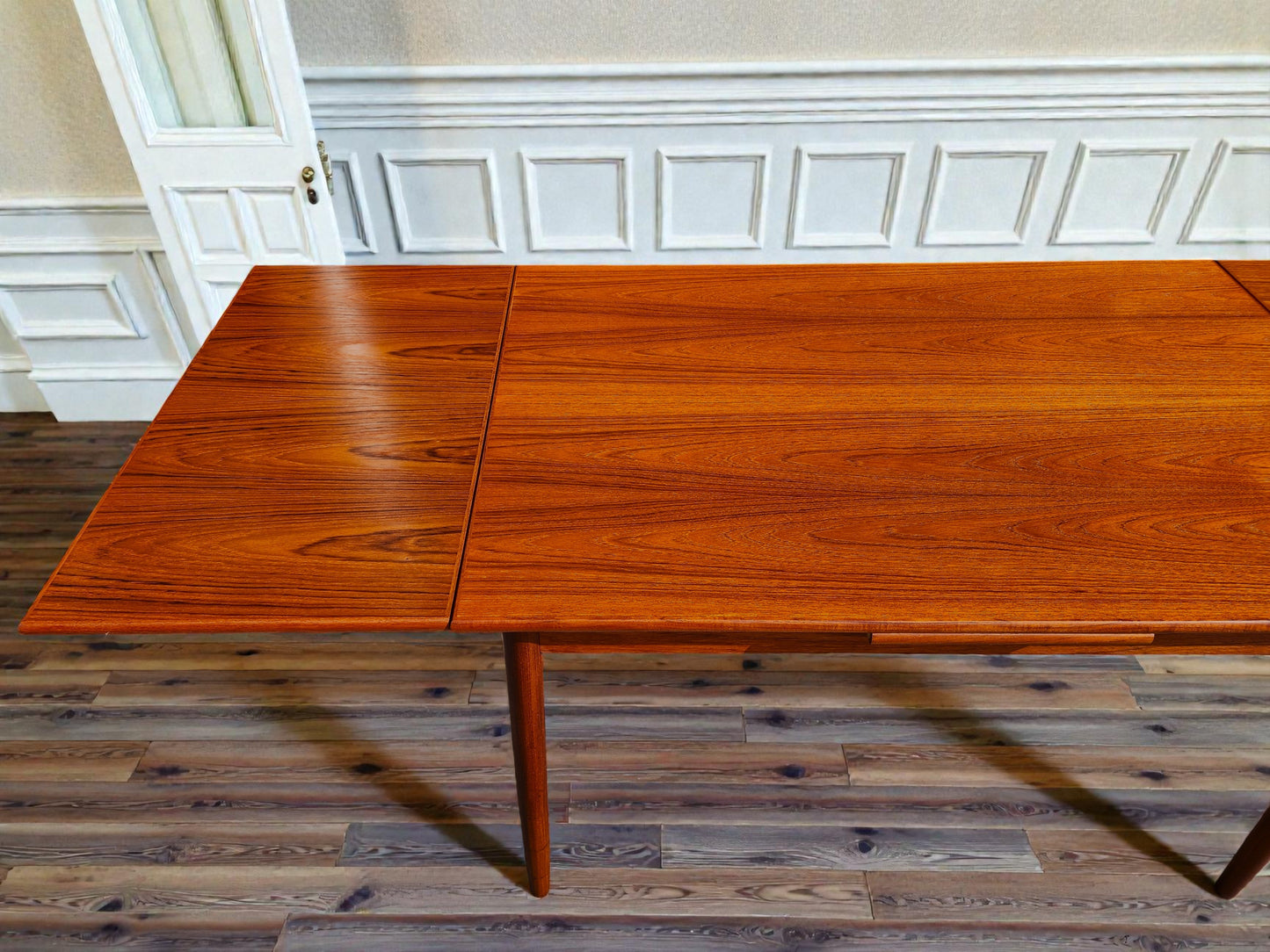 REFINISHED Danish Mid Century Modern Teak Draw Leaf Table 48"-84.5"