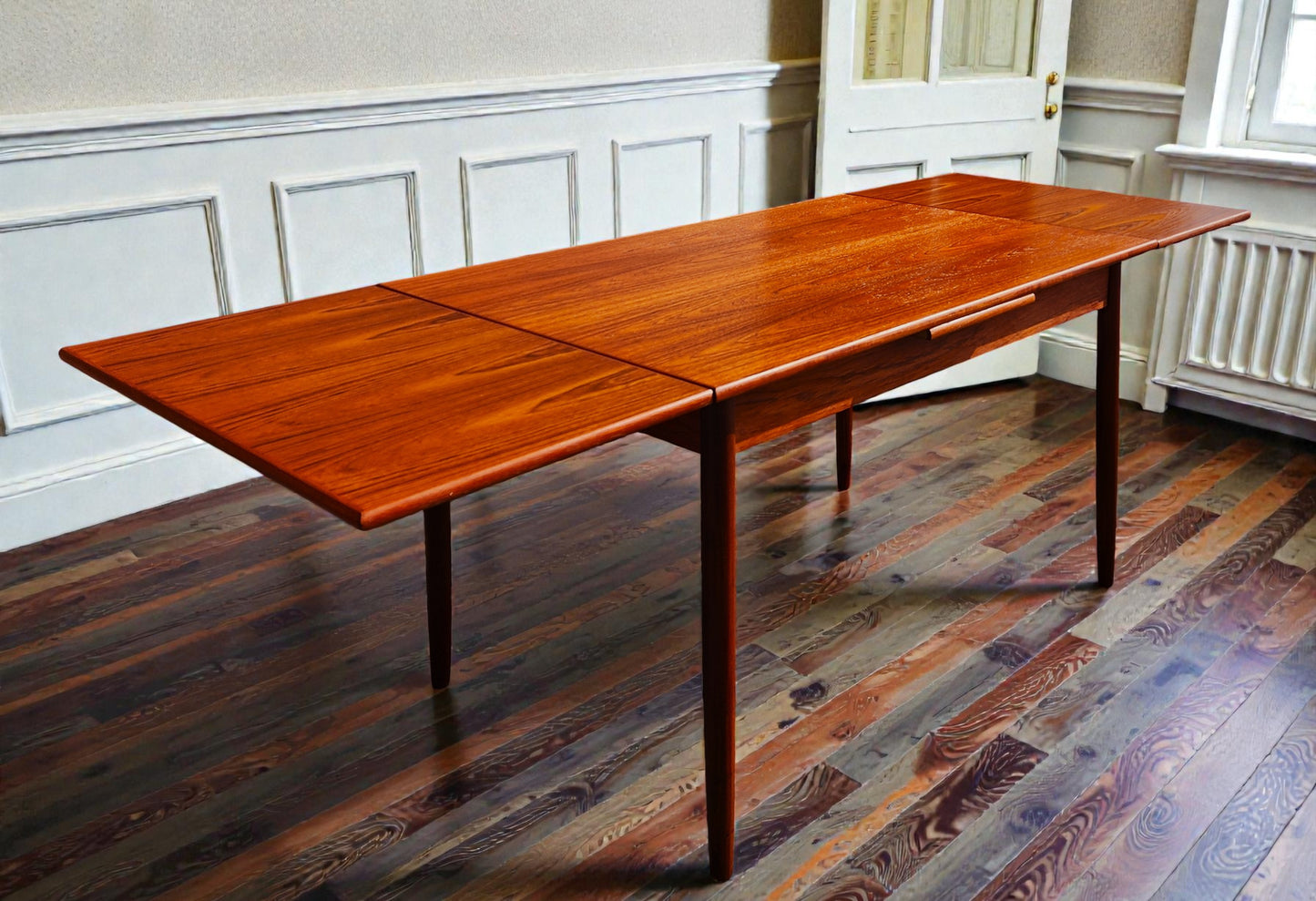 REFINISHED Danish Mid Century Modern Teak Draw Leaf Table 48"-84.5"