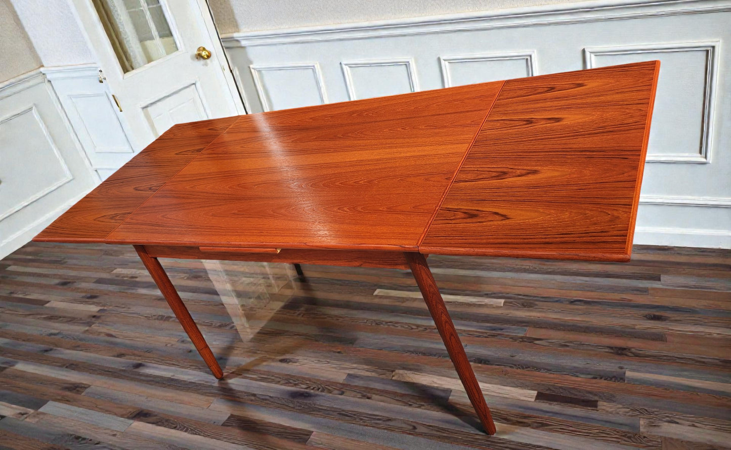 REFINISHED Danish Mid Century Modern Teak Draw Leaf Table 48"-84.5"