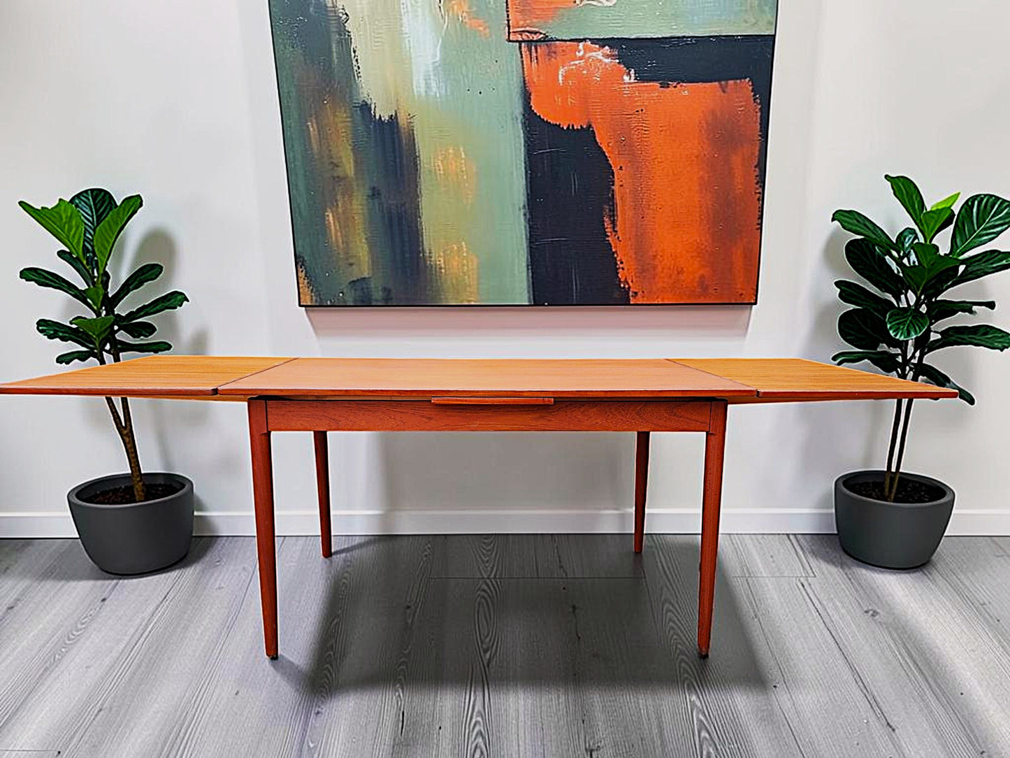 REFINISHED Danish Mid Century Modern Teak Draw Leaf Table 51" - 90"