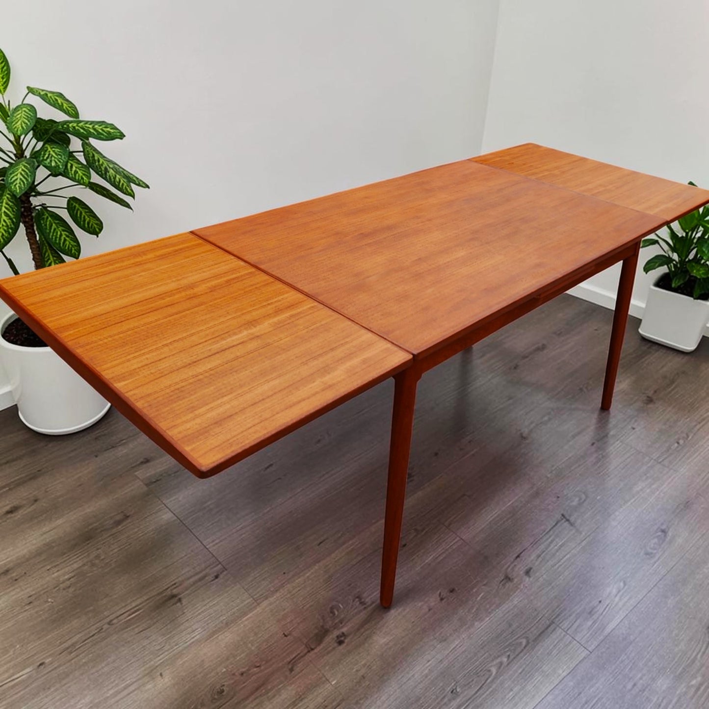 REFINISHED Danish Mid Century Modern Teak Draw Leaf Table 51" - 90"