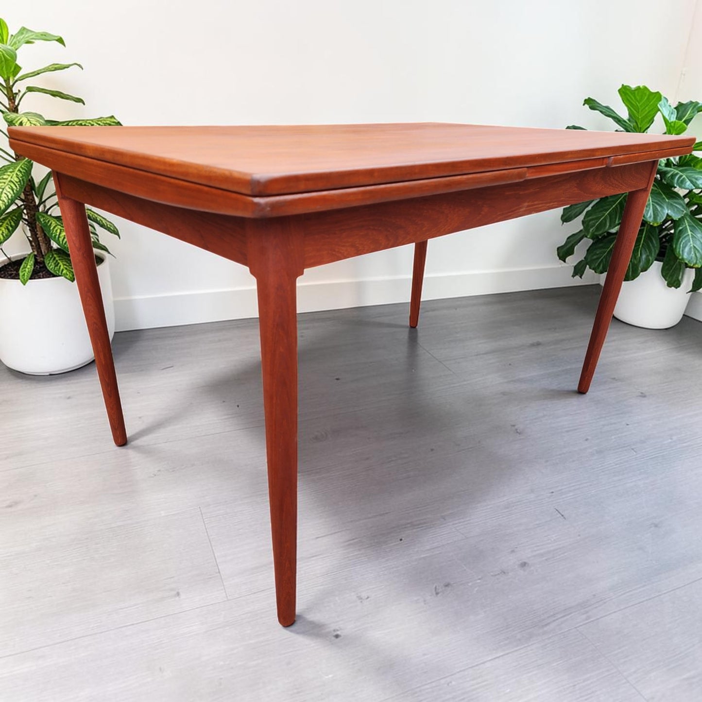 REFINISHED Danish Mid Century Modern Teak Draw Leaf Table 51" - 90"