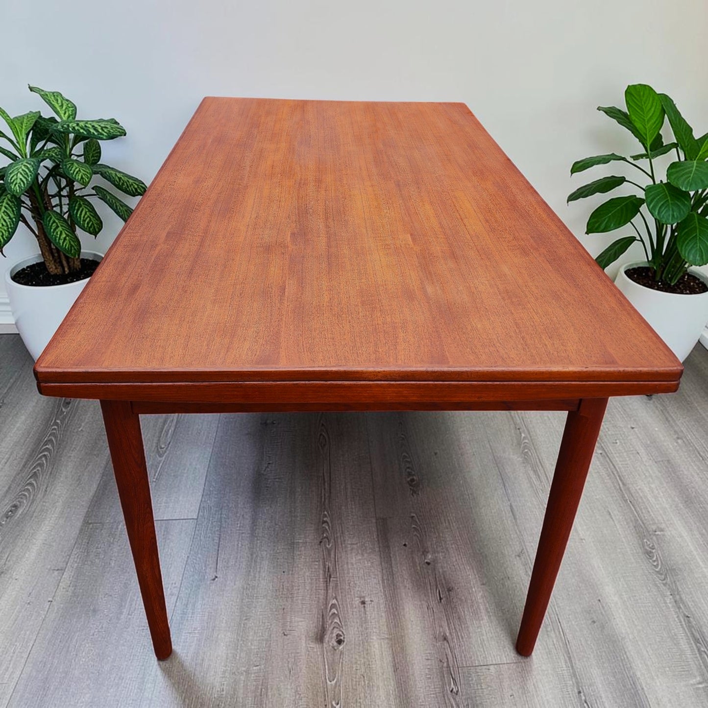 REFINISHED Danish Mid Century Modern Teak Draw Leaf Table 51" - 90"