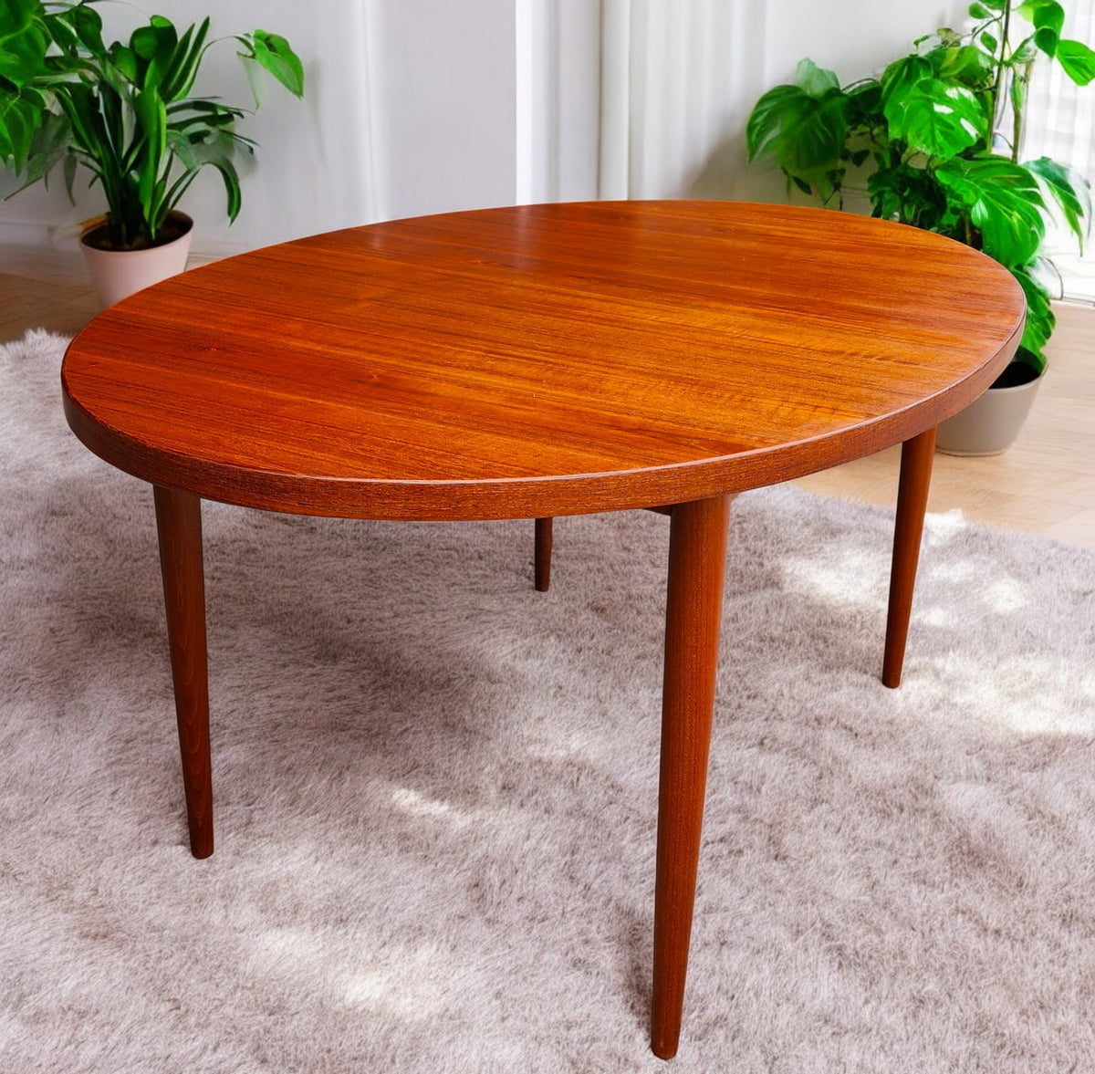 REFINISHED Danish Mid Century Modern Teak Table Oval w 2 leaves 60