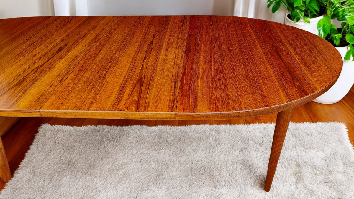REFINISHED Danish Mid Century Modern Teak Table Oval w 2 leaves 60