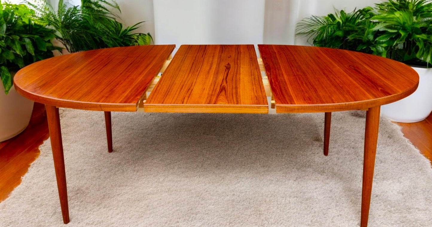 REFINISHED Danish Mid Century Modern Teak Table Oval w 2 leaves 60"-100"