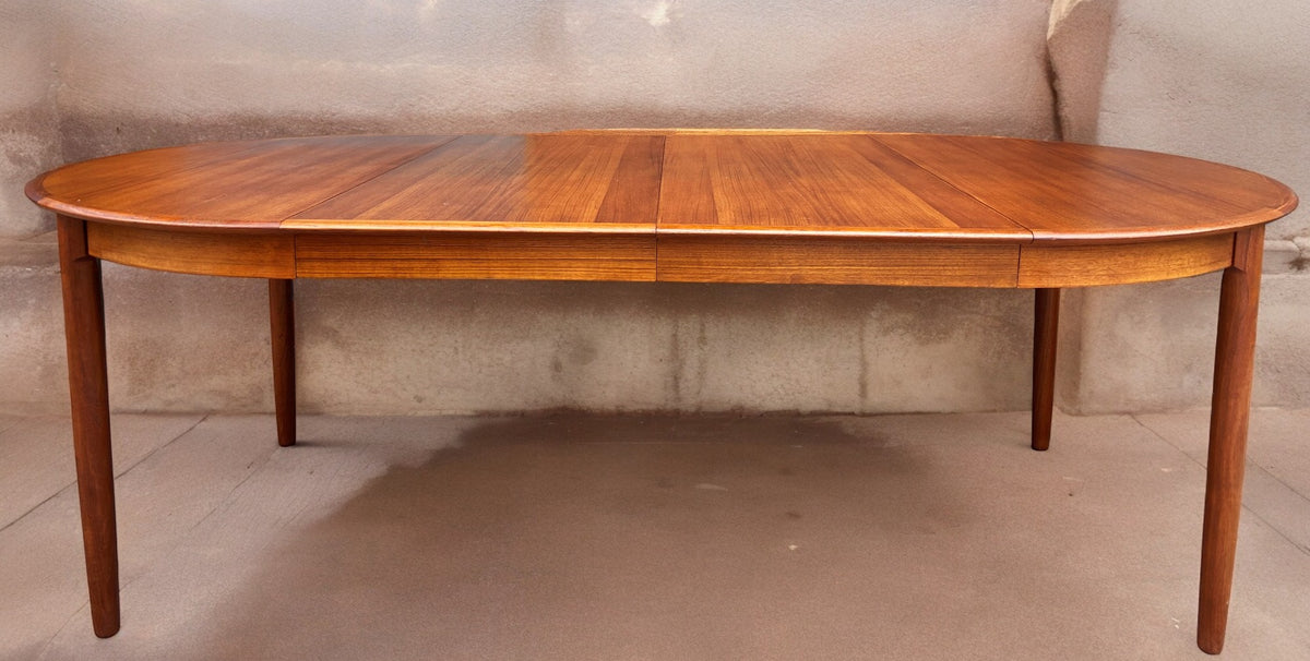 REFINISHED Danish MCM Teak Table Round w 2 leaves by C.J. Rosengaarden 47