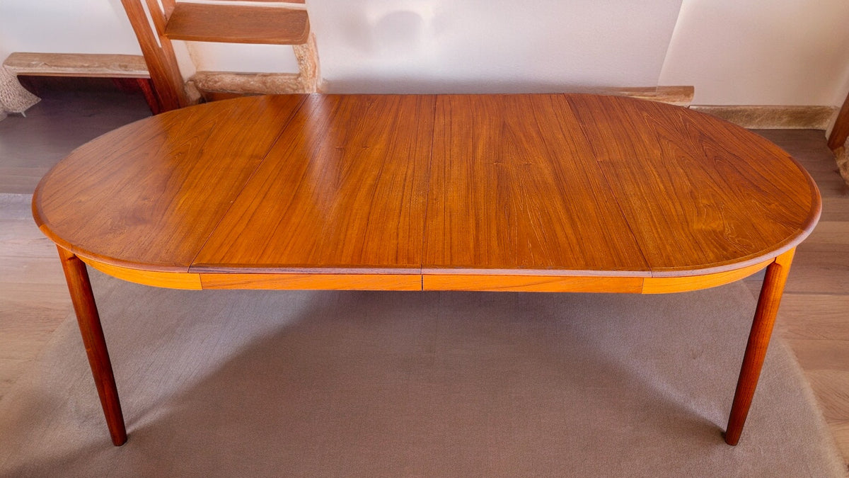 REFINISHED Danish MCM Teak Table Round w 2 leaves by C.J. Rosengaarden 47