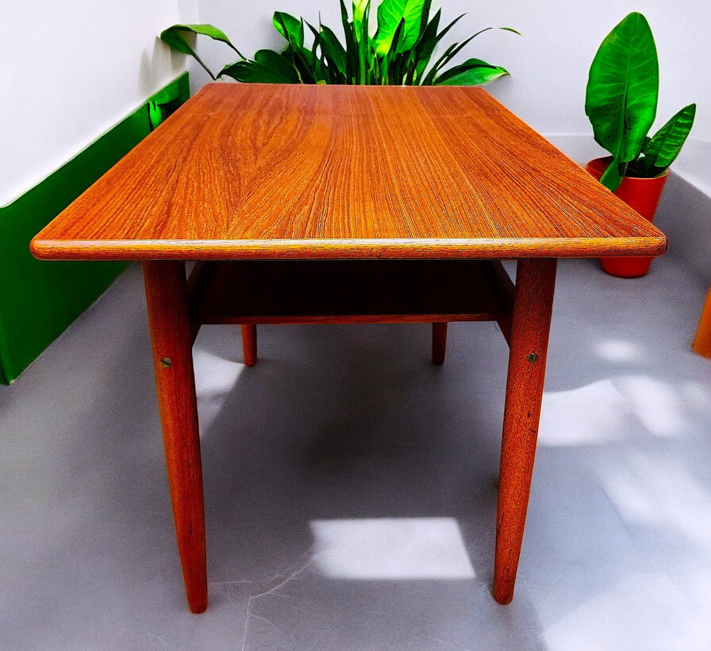 REFINISHED Danish Mid Century Modern Teak Accent Table w Shelf