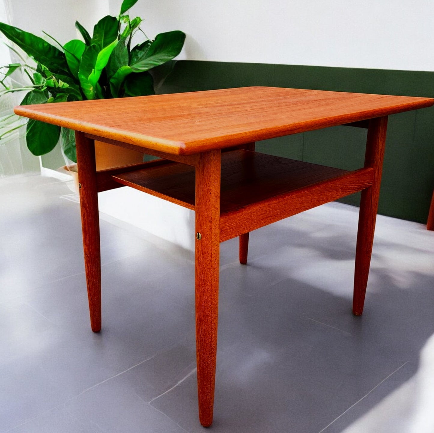 REFINISHED Danish Mid Century Modern Teak Accent Table w Shelf